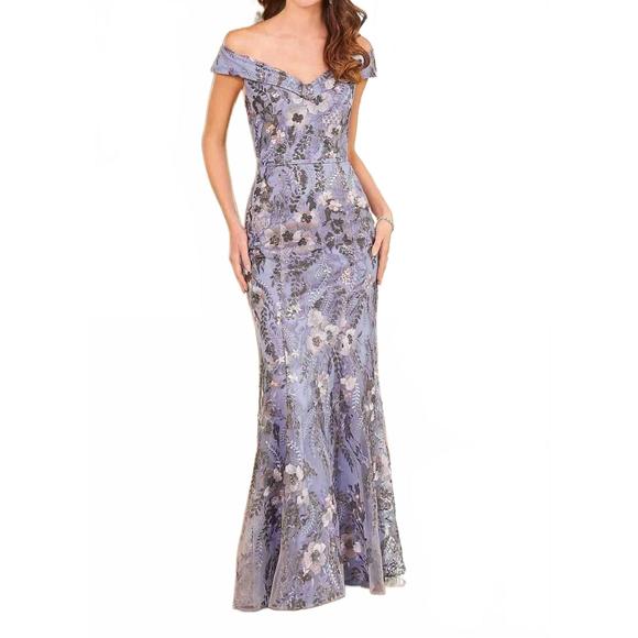 NEW MGNY fit and flare flutter sleeve evening gown in dusty lilac